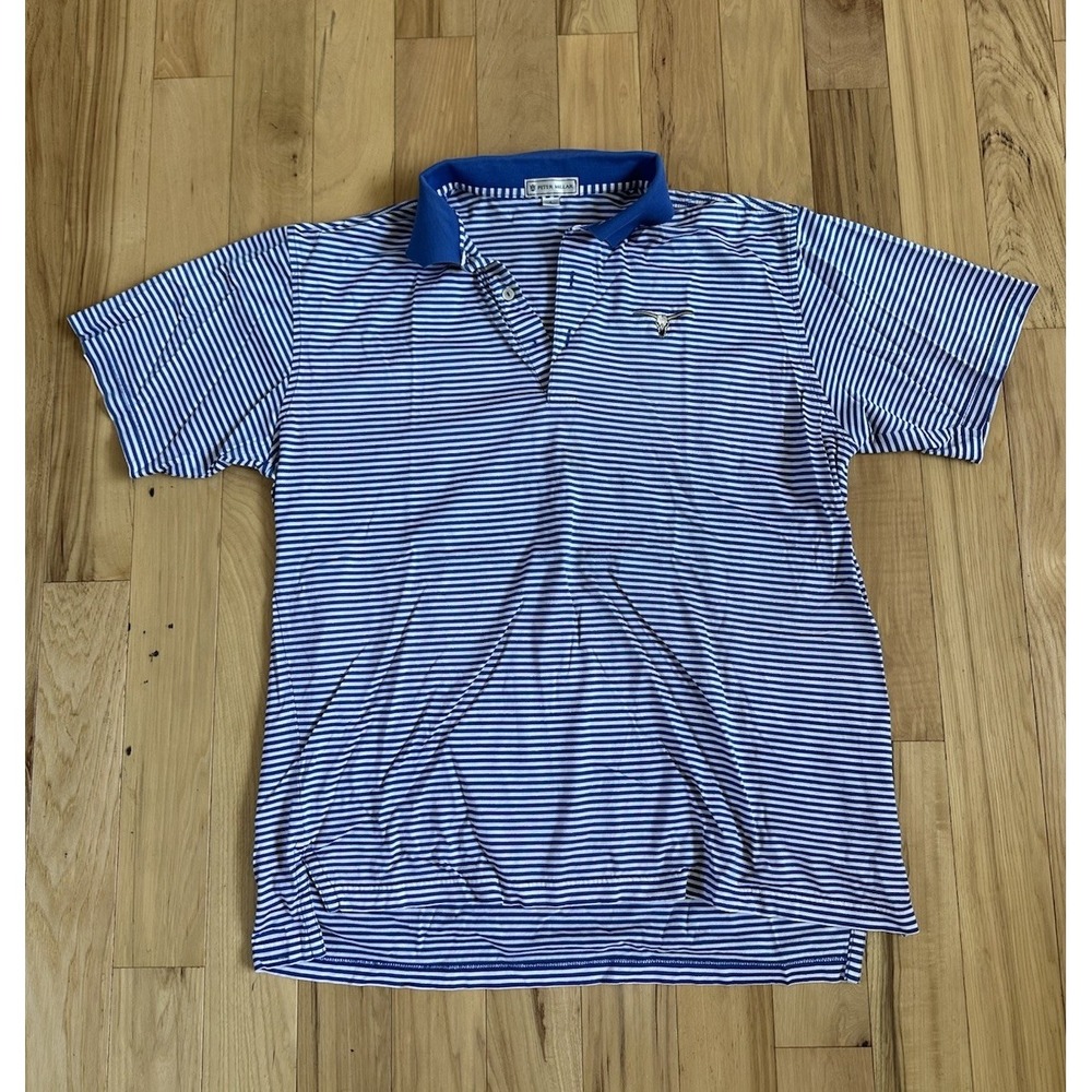 Peter Millar Blue Striped Cotton Polo Shirt Preppy Golf Missing Button Large
